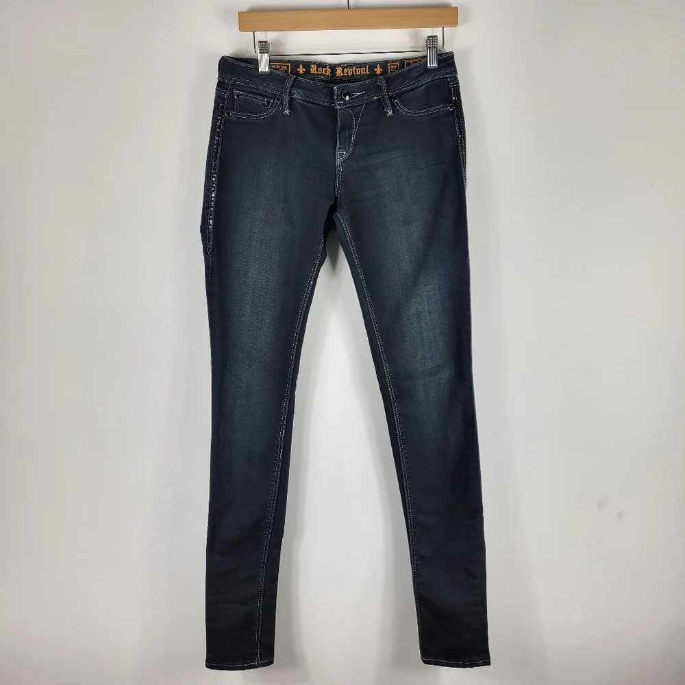 Rock Revival Lexi Super Skinny Low Mid Rise Rhinestone Sequin Bling Jeans Long - Picture 2 of 11